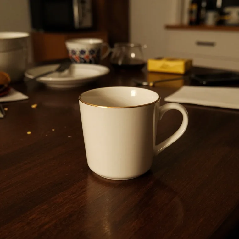 Foto de la taza hecha con el móvil sobre una mesa desordenada