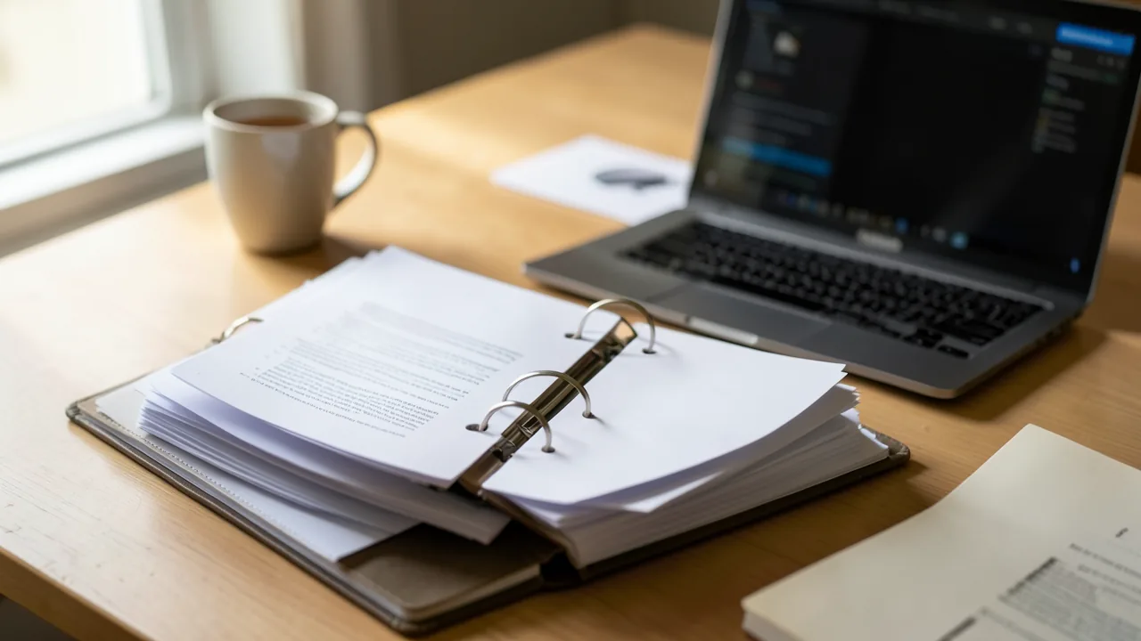 Carpeta con documentos ordenados y un portátil abierto sobre una mesa de trabajo