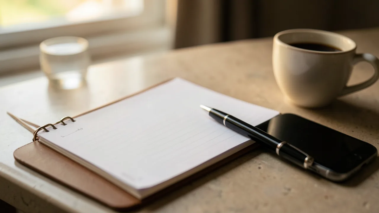 Agenda de citas abierta junto a un móvil y una taza de café