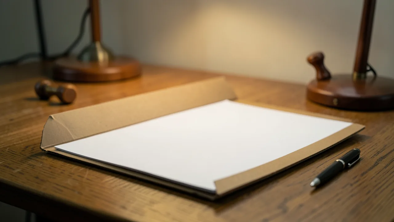 Carpeta de cartró oberta amb fulls en blanc, un segell de tinta i un bolígraf sobre un escriptori il·luminat amb llum càlida
