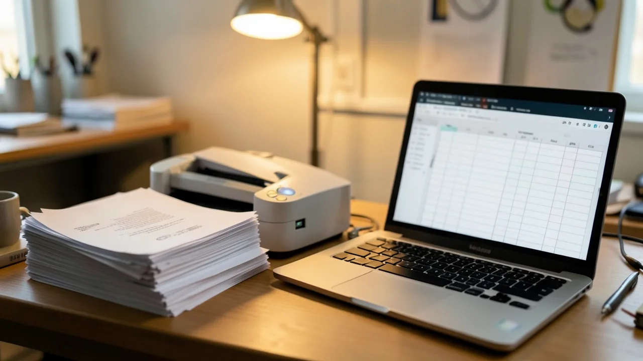 Pila de factures en paper al costat d'un escàner de documents i un portàtil amb un full de càlcul de cel·les sense text llegible