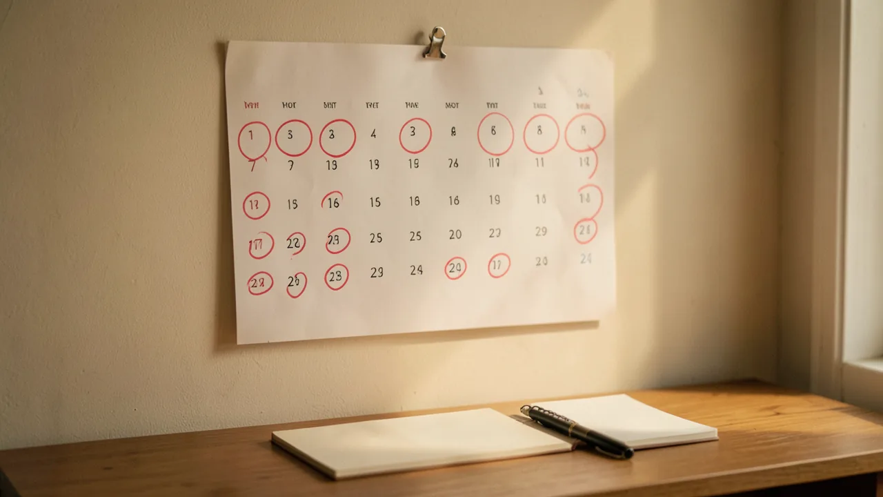 Calendari de paret de paper amb diversos dies marcats amb cercles de retolador al costat d'una llibreta de notes sobre una taula de fusta