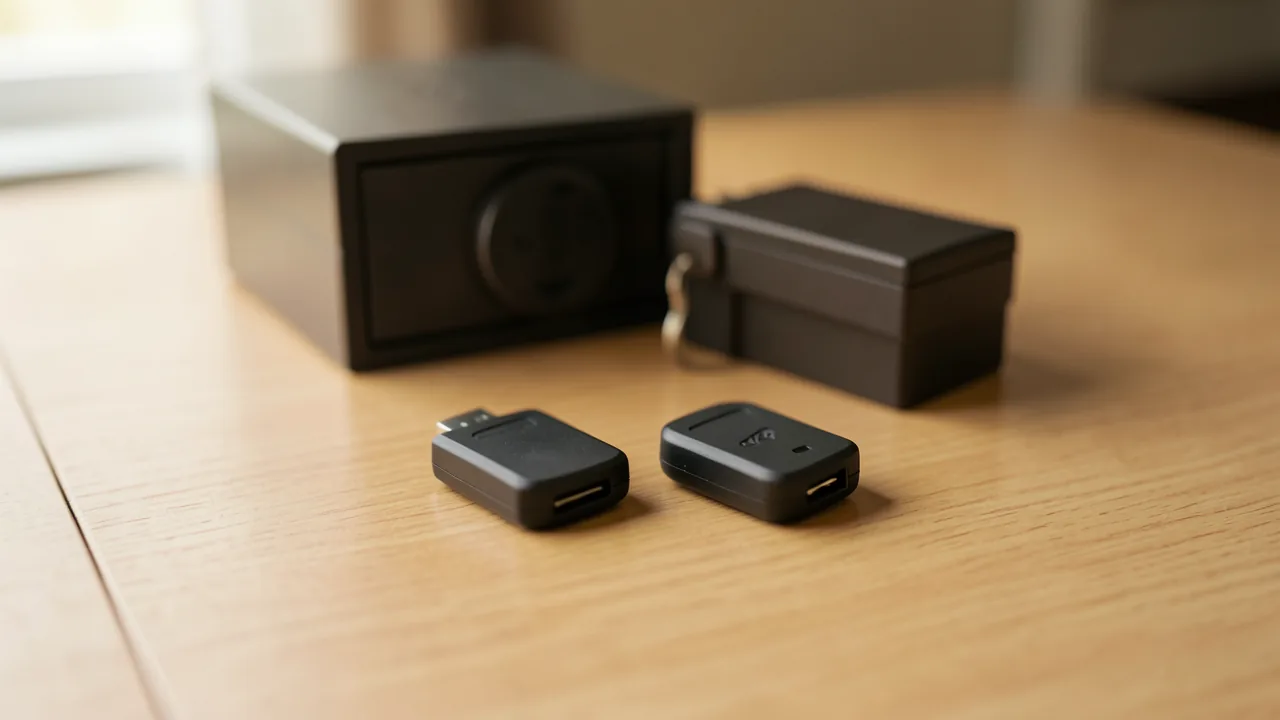 Dos llaves de seguridad USB negras idénticas sobre un escritorio de roble claro junto a una pequeña caja fuerte