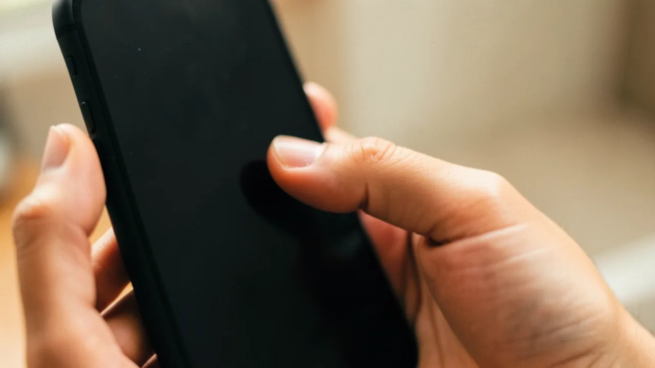 Pulgar tocando la pantalla oscura de un móvil sostenido con una mano