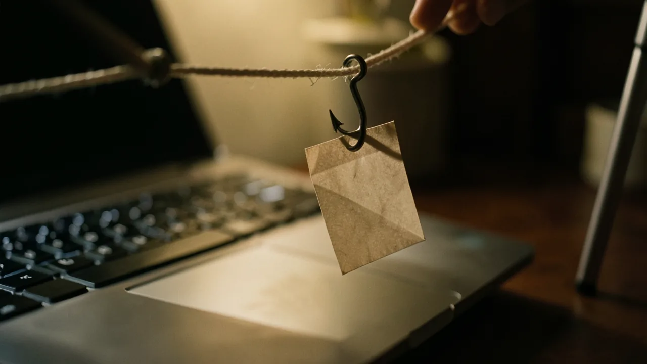 Anzuelo metálico con un sobre de papel colgando de un hilo sobre el teclado de un portátil