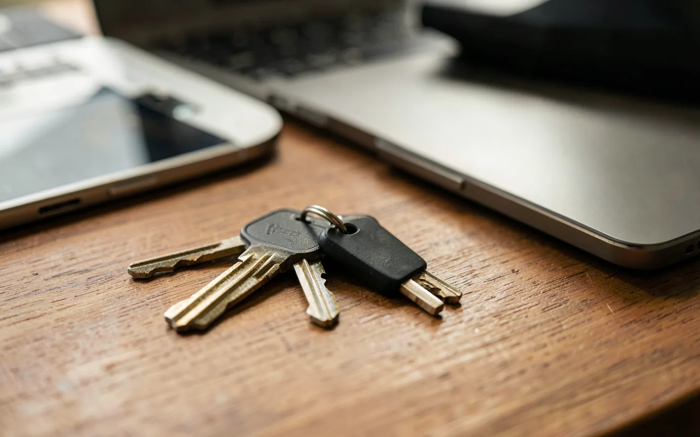Llavero con llaves y una llave de seguridad USB negra sobre un escritorio de madera, junto a un móvil y un portátil