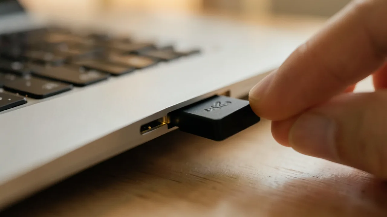 Llave de seguridad USB-C negra conectada al lateral de un portátil plateado mientras un dedo toca su contacto dorado