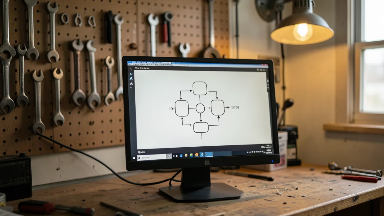 Pantalla d'ordinador en un taller endreçat que mostra un diagrama de blocs abstracte amb fletxes, al costat d'eines penjades a la paret