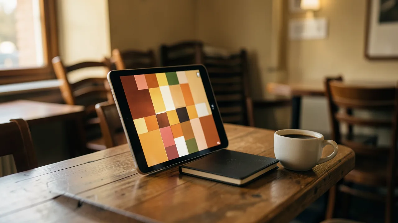 Tauleta recolzada al taulell d'un restaurant buit que mostra una quadrícula de colors abstracta, al costat d'una llibreta i una tassa de cafè