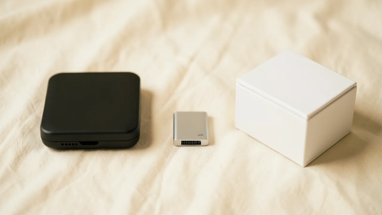 Un disco duro externo negro, una unidad SSD plateada y una caja blanca de almacenamiento en fila sobre una tela de lino