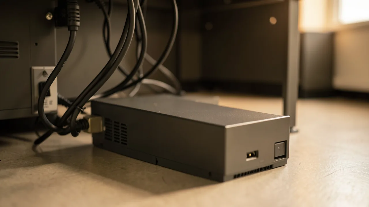 SAI gris oscuro en el suelo bajo un escritorio de oficina con los cables ordenados