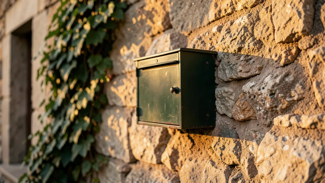 Buzón metálico antiguo en una pared de piedra de una casa de pueblo con luz de tarde