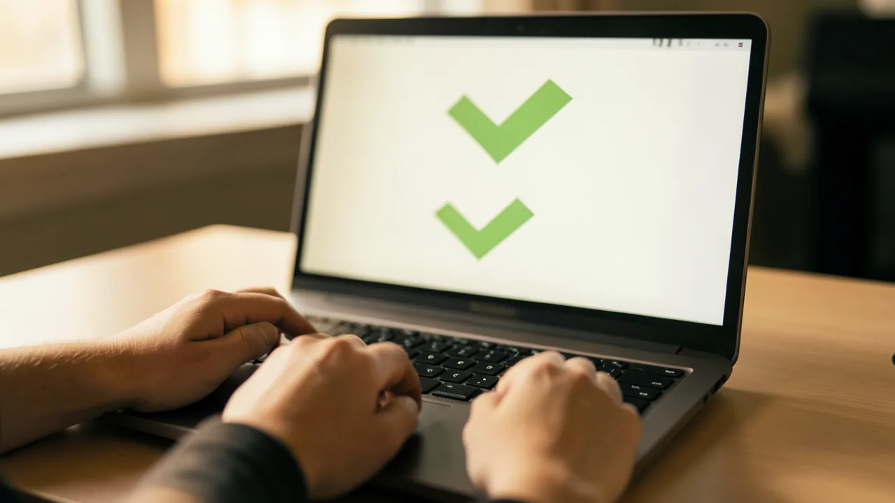Manos sobre el teclado de un portátil que muestra un panel con marcas de verificación en verde