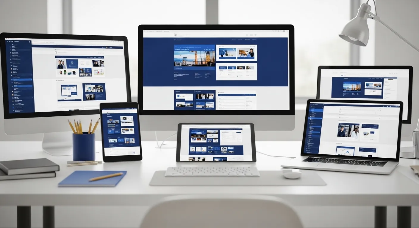 Tendencias de diseño web 2026 para negocios locales con pantallas mostrando webs modernas y móviles