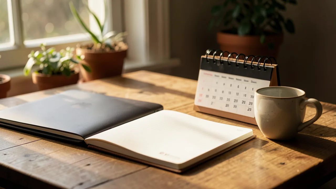Agenda de paper oberta al costat d'un calendari de taula, un portàtil tancat i una tassa de cafè sobre un escriptori de fusta amb llum càlida de matí