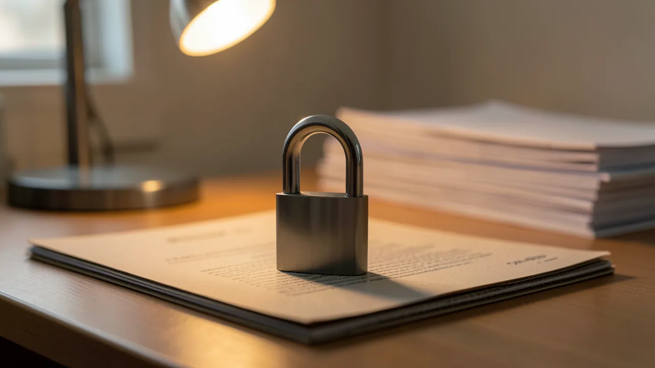Cadenat metàl·lic tancat sobre una carpeta de documents en una taula d'oficina amb un llum d'escriptori encès