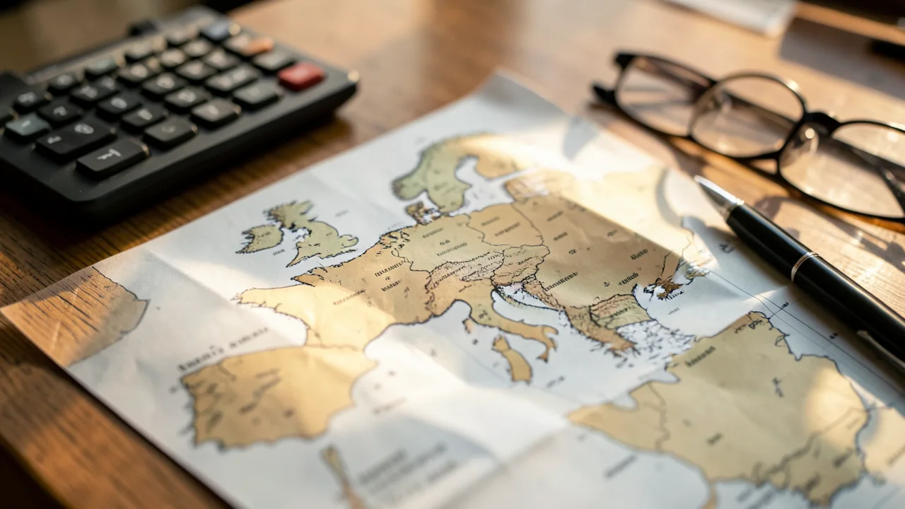 Mapa de paper d'Europa plegat sobre una taula de fusta al costat d'una calculadora, un bolígraf i unes ulleres