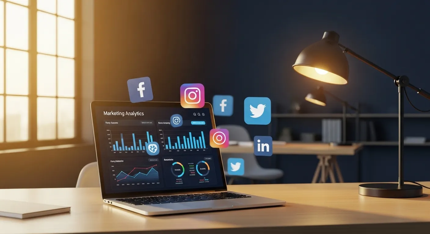 Estrategias de marketing digital para negocios locales con pantallas mostrando analíticas y redes sociales