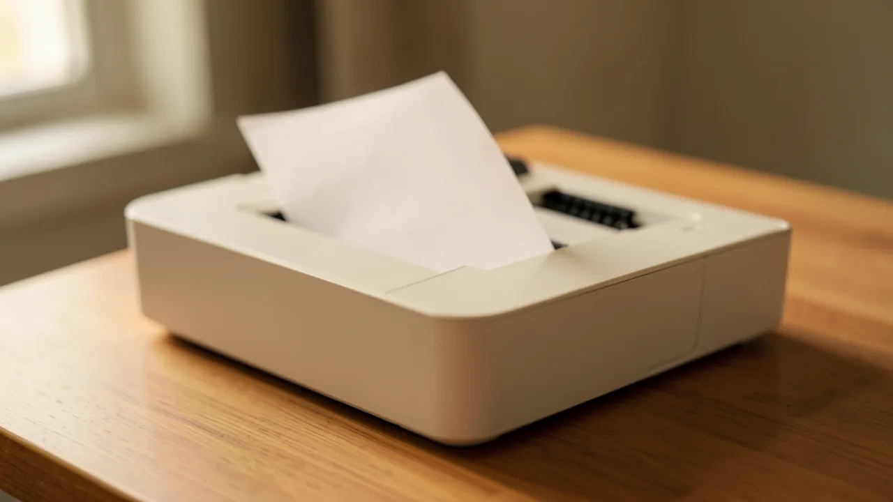 Escáner de documentos blanco y compacto con una hoja de papel entrando por el alimentador sobre un escritorio