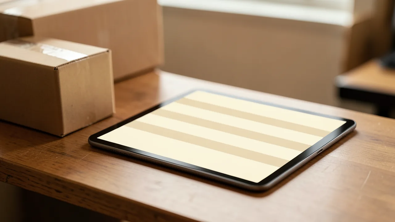 Mesa de un pequeño almacén con cajas de cartón cerradas y una tableta con barras horizontales color crema