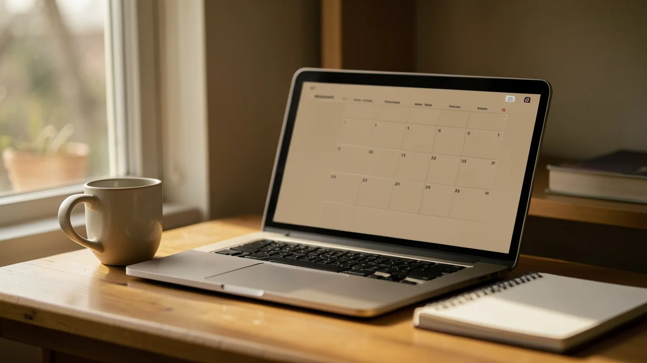 Racó de treball a casa amb un portàtil que mostra un calendari, una tassa i una llibreta al costat d'una finestra