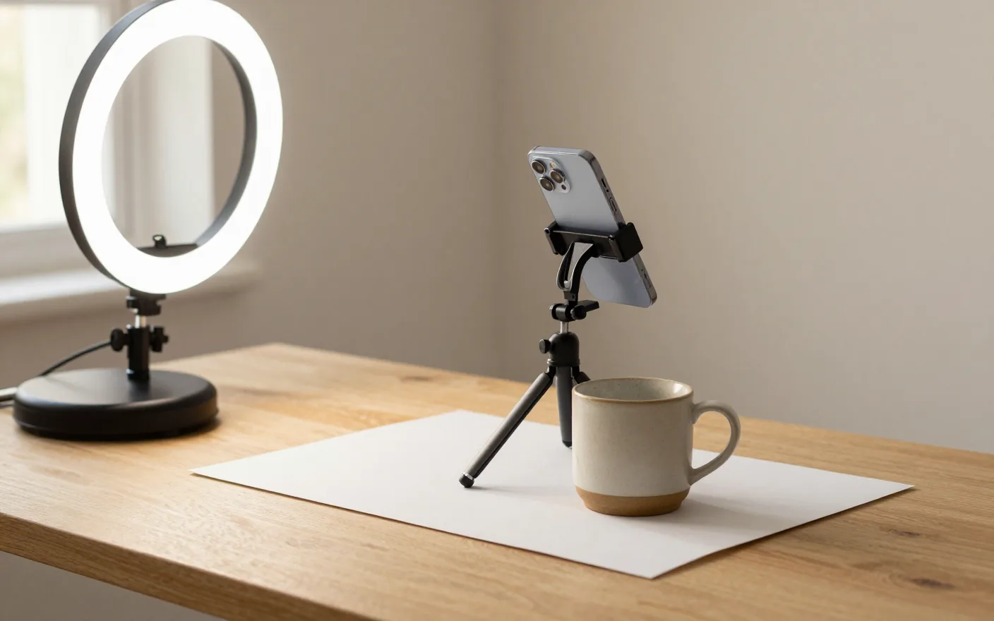 Móvil sobre un trípode fotografiando una taza de cerámica sobre papel blanco, con un aro de luz al lado