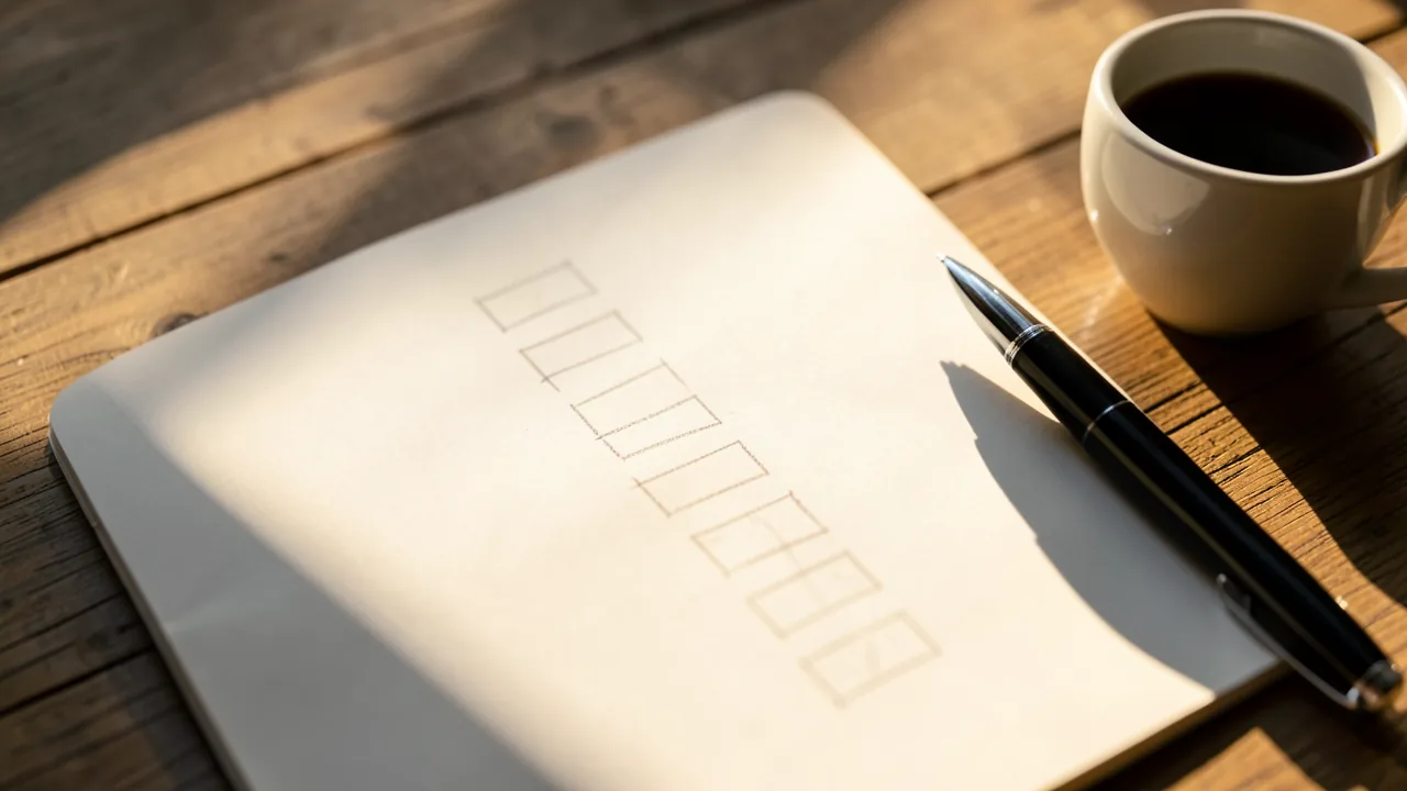 Llibreta oberta amb una llista de caselles sense text llegible, un bolígraf i una tassa de cafè sobre una taula de fusta amb llum de tarda