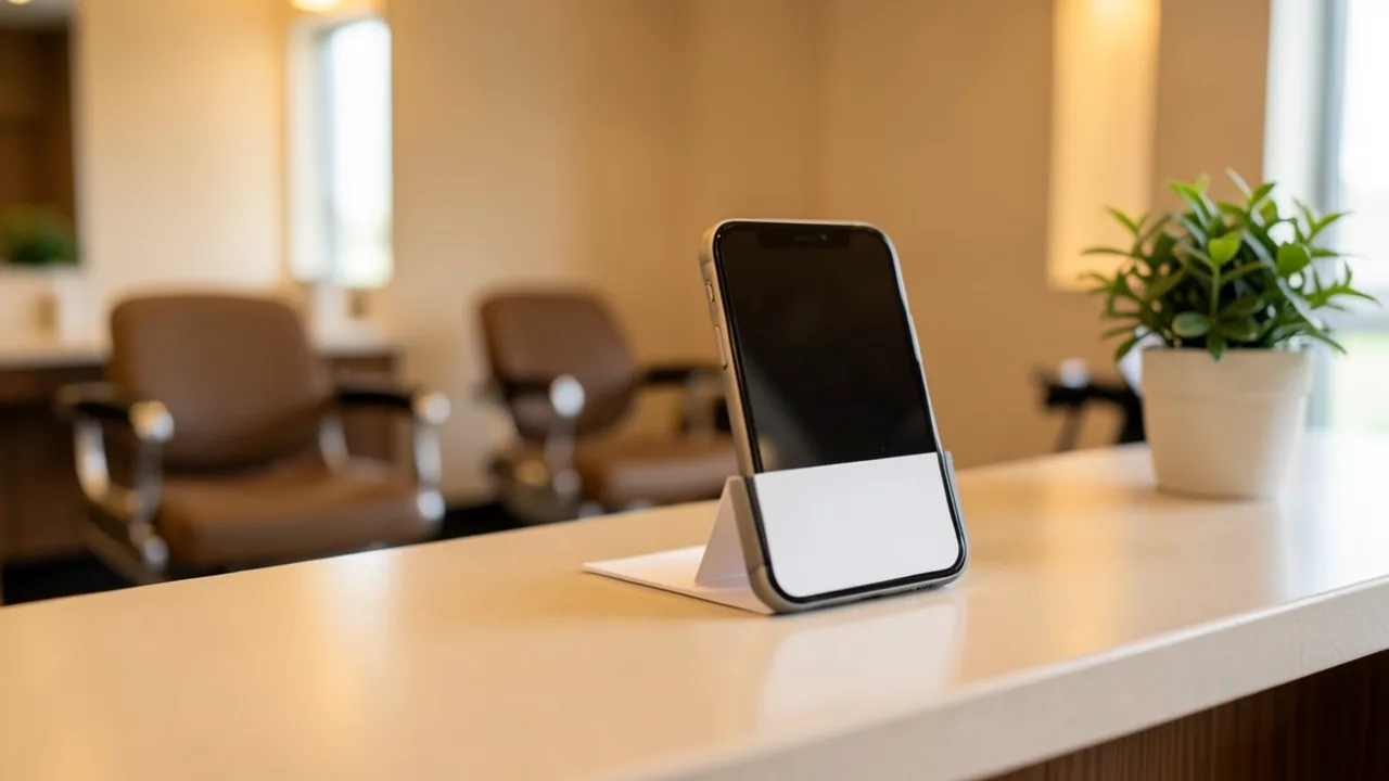 Taulell buit d'una perruqueria amb un telèfon mòbil recolzat al costat d'un cartell en blanc i una planta