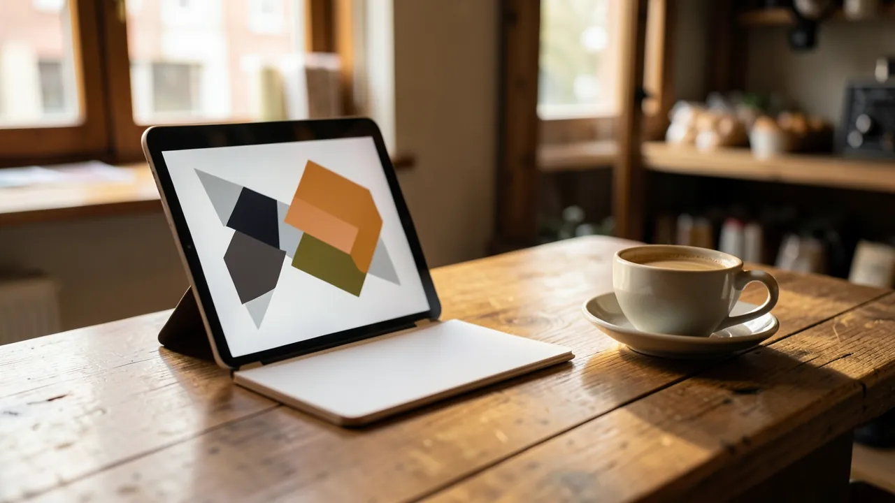 Mostrador de madera de un comercio pequeño con una tableta que muestra formas geométricas abstractas, una libreta en blanco y una taza de café, con luz de tarde