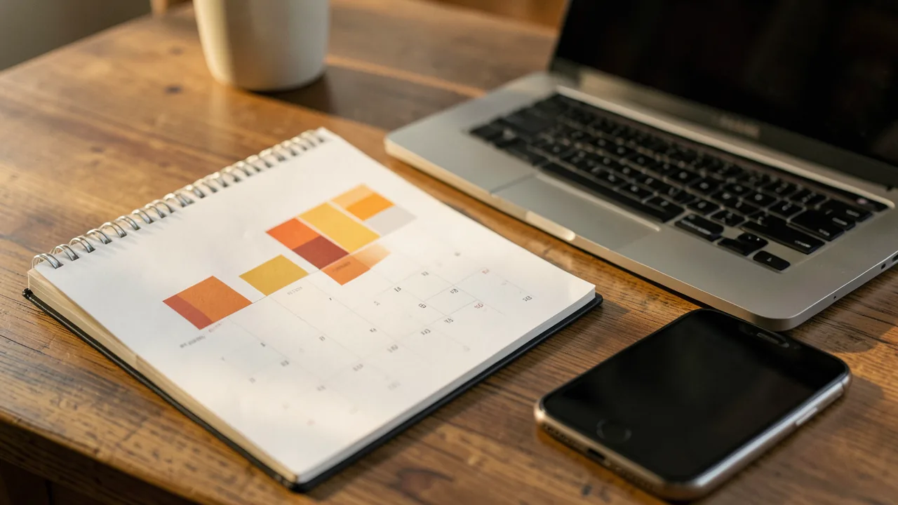 Agenda de paper oberta al costat d'un portàtil amb un calendari de blocs de colors càlids i un telèfon mòbil sobre un escriptori de fusta
