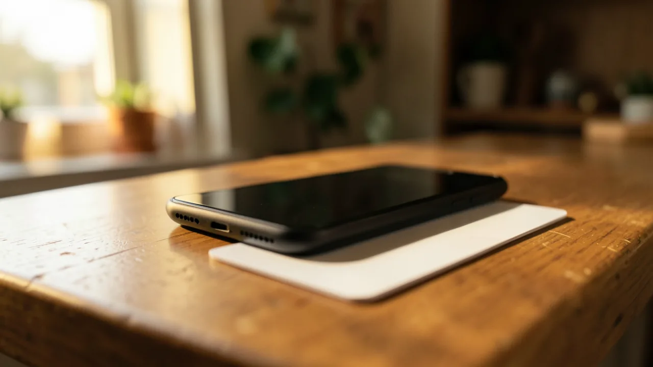 Telèfon mòbil recolzat sobre una targeta NFC damunt d'un taulell de fusta amb llum càlida de tarda