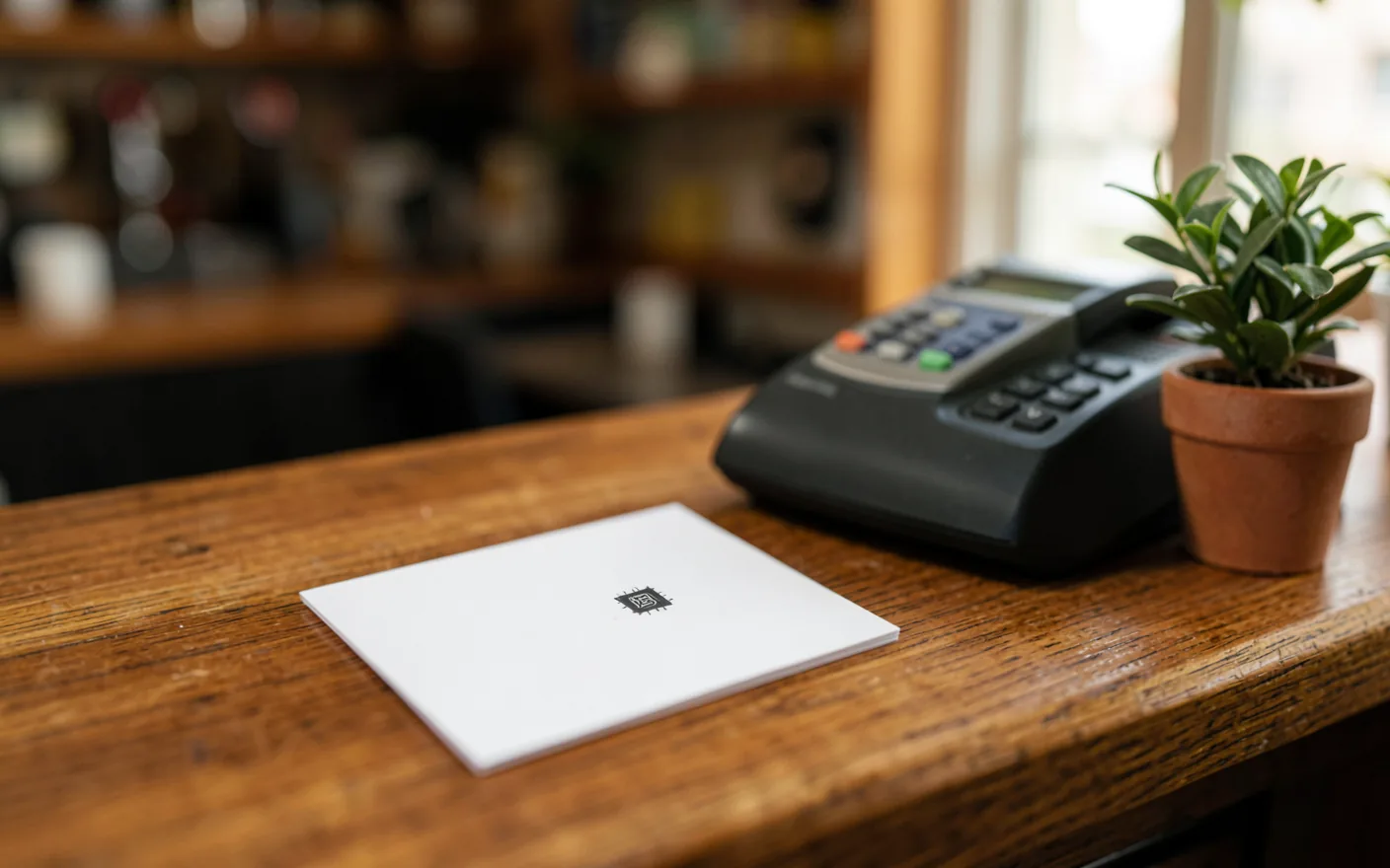 Targeta blanca amb xip NFC sobre un taulell de fusta al costat d'una caixa enregistradora i una planta petita