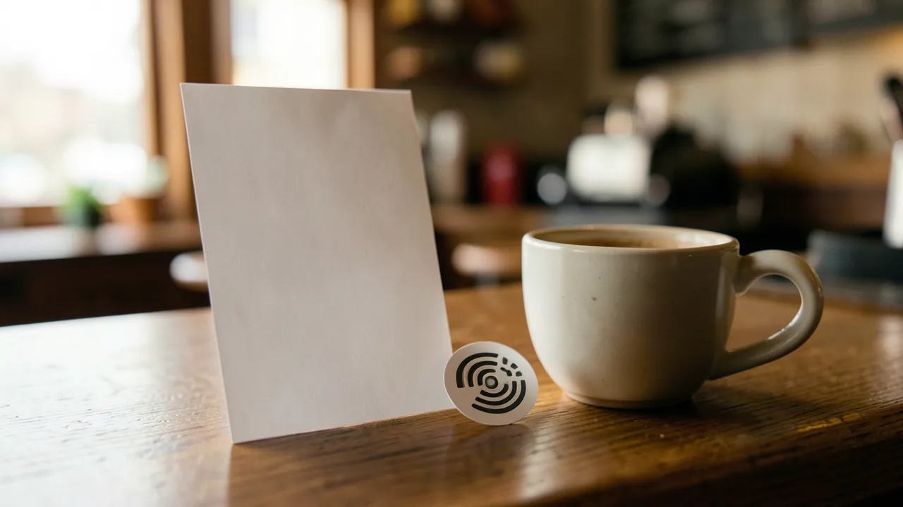 Tiquet de compra en blanc al costat d'un adhesiu NFC rodó sobre la barra d'una cafeteria amb una tassa de cafè