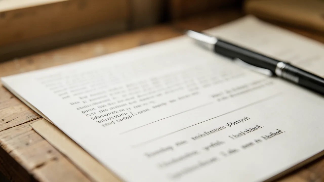 Fulls impresos amb paràgrafs il·legibles i un espai per signar, al costat d'un bolígraf sobre un taulell de fusta