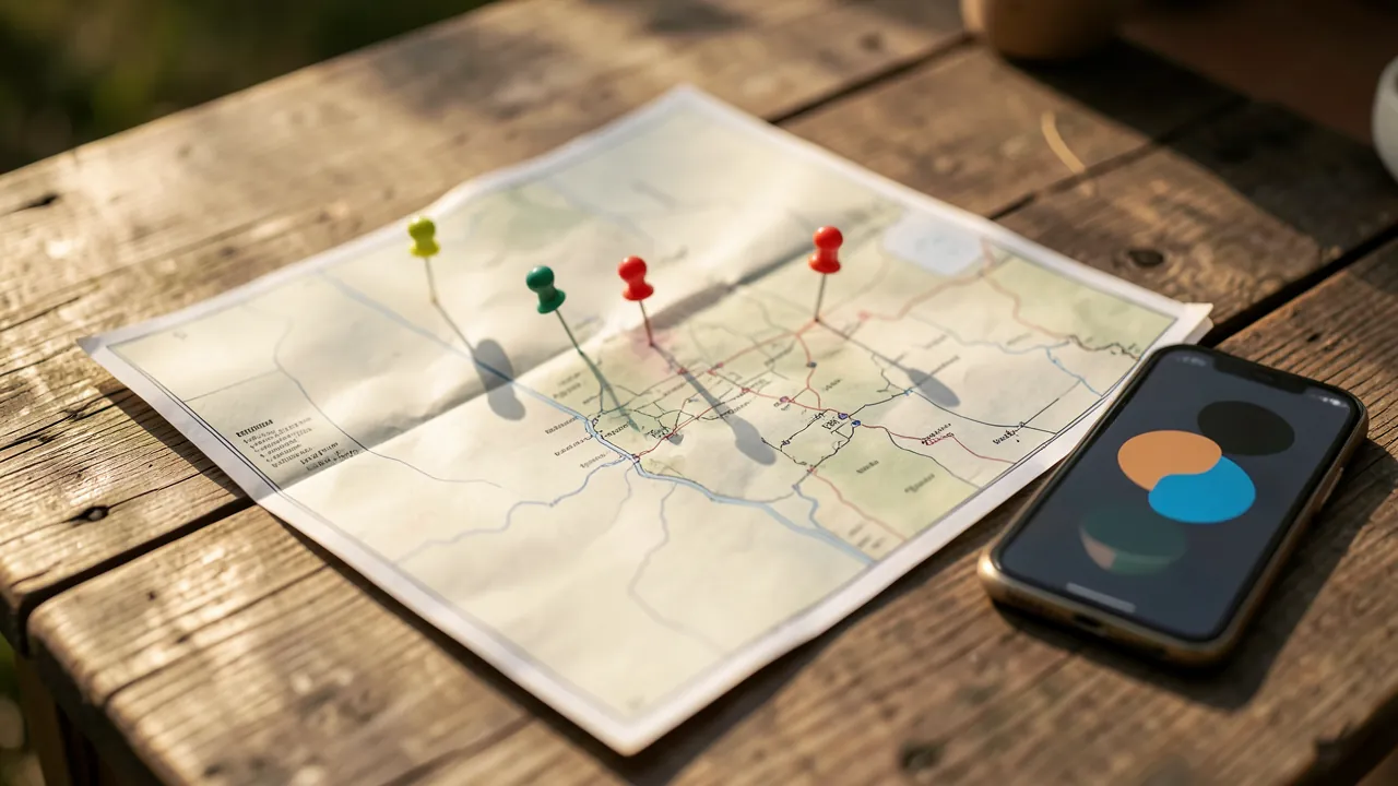 Mapa de papel de una comarca desplegado sobre una mesa de madera, con tres chinchetas de colores y un teléfono móvil al lado