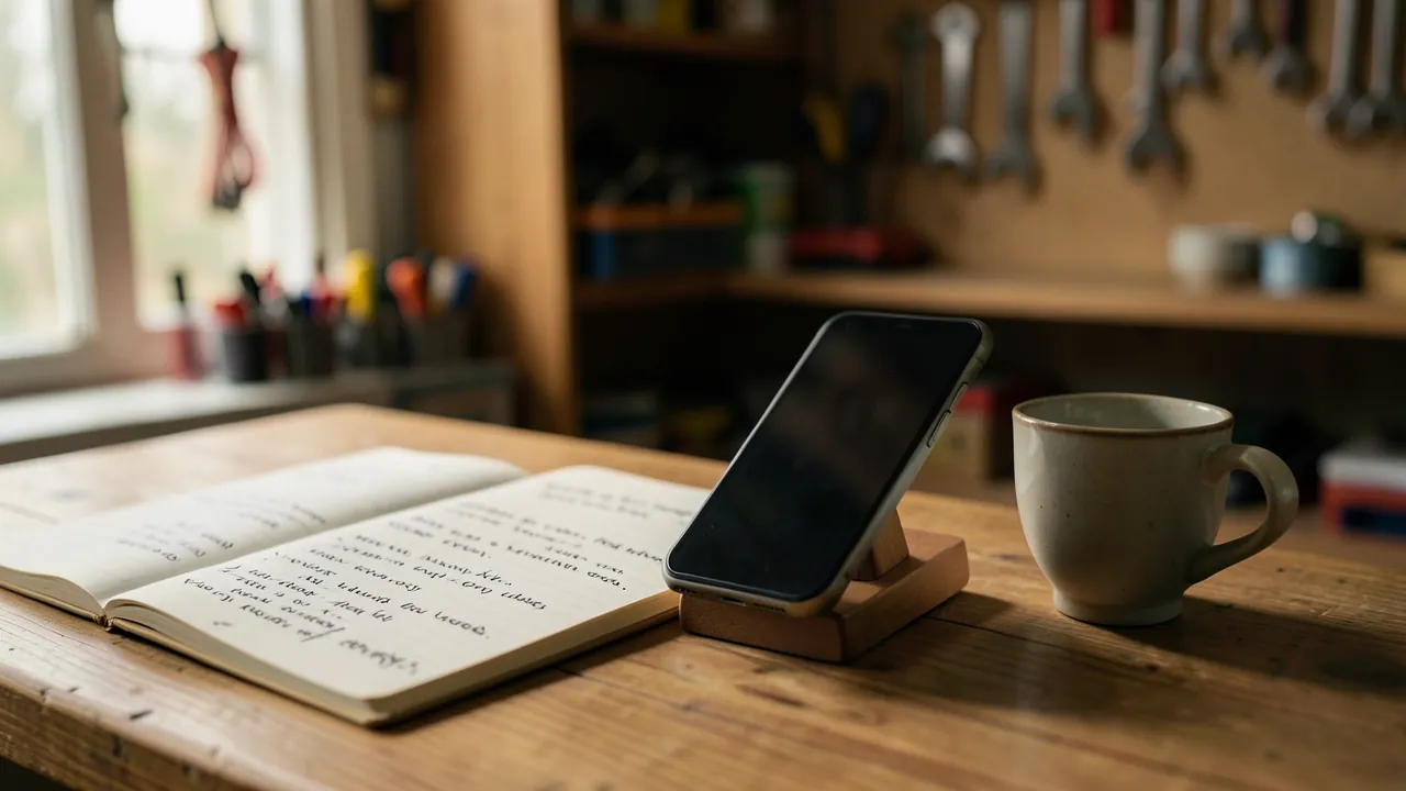 Mostrador de madera de una ferretería pequeña con un teléfono móvil sobre un soporte, una libreta con anotaciones ilegibles y una taza