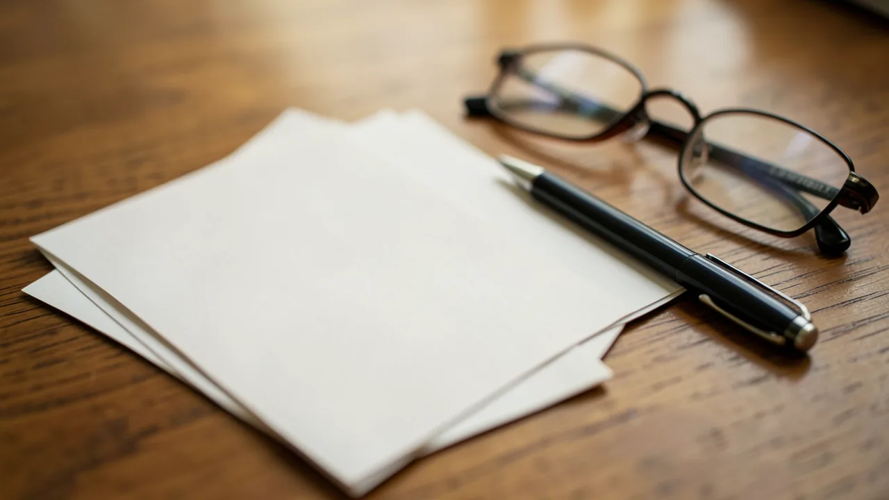 Hojas de papel en blanco grapadas junto a un bolígrafo abierto y unas gafas sobre una mesa de roble