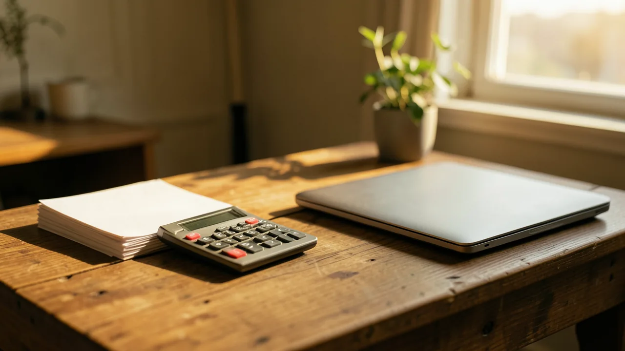 Mesa de trabajo con una calculadora, varias facturas en blanco apiladas y un portátil cerrado, con luz cálida de tarde