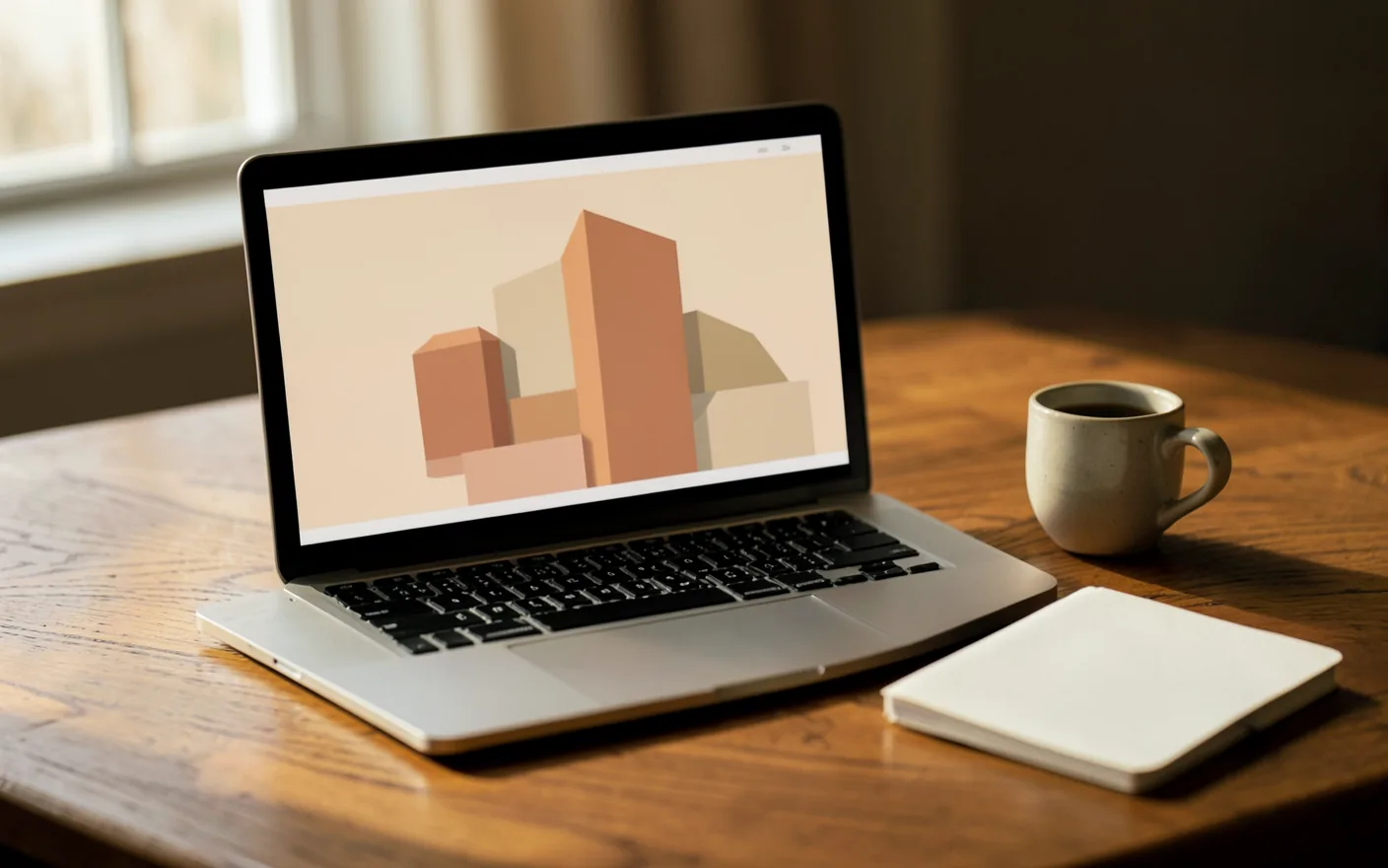 Portàtil obert sobre una taula de fusta amb una maqueta de pàgina web de formes abstractes, una llibreta en blanc i una tassa de cafè