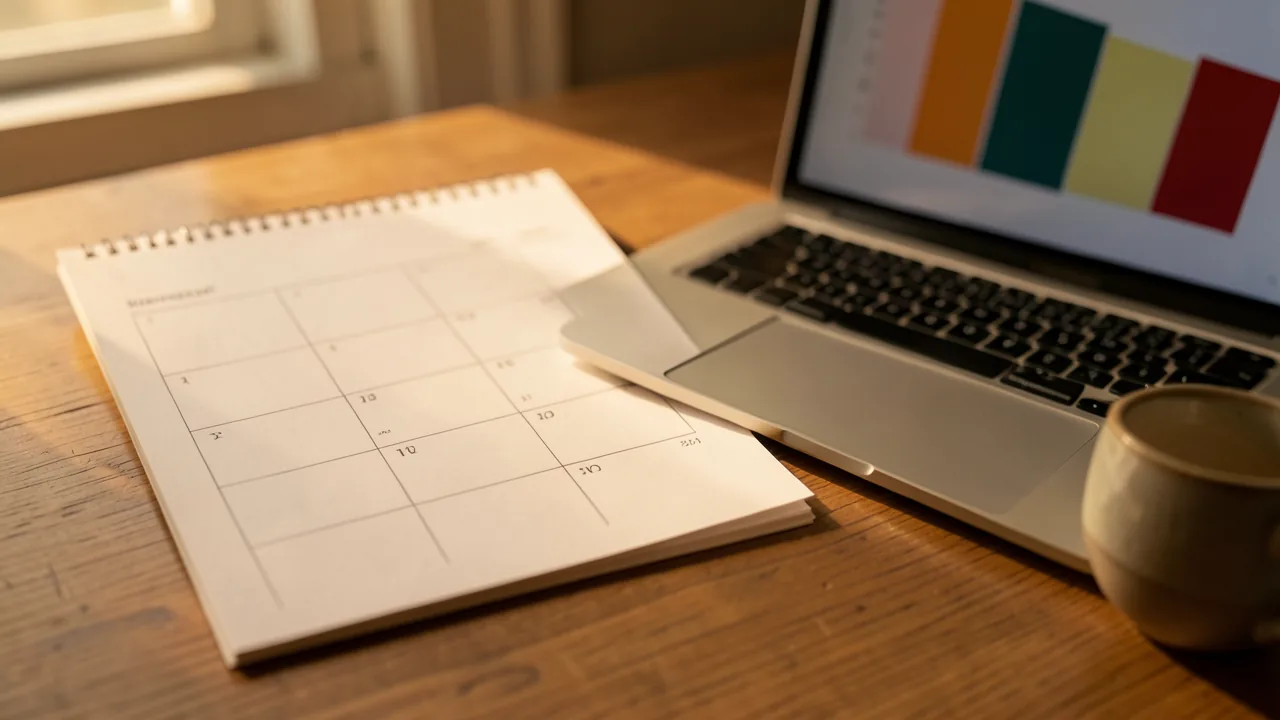 Calendari de paper sobre un escriptori de fusta al costat d'un portàtil obert amb barres de colors abstractes a la pantalla i una tassa de cafè
