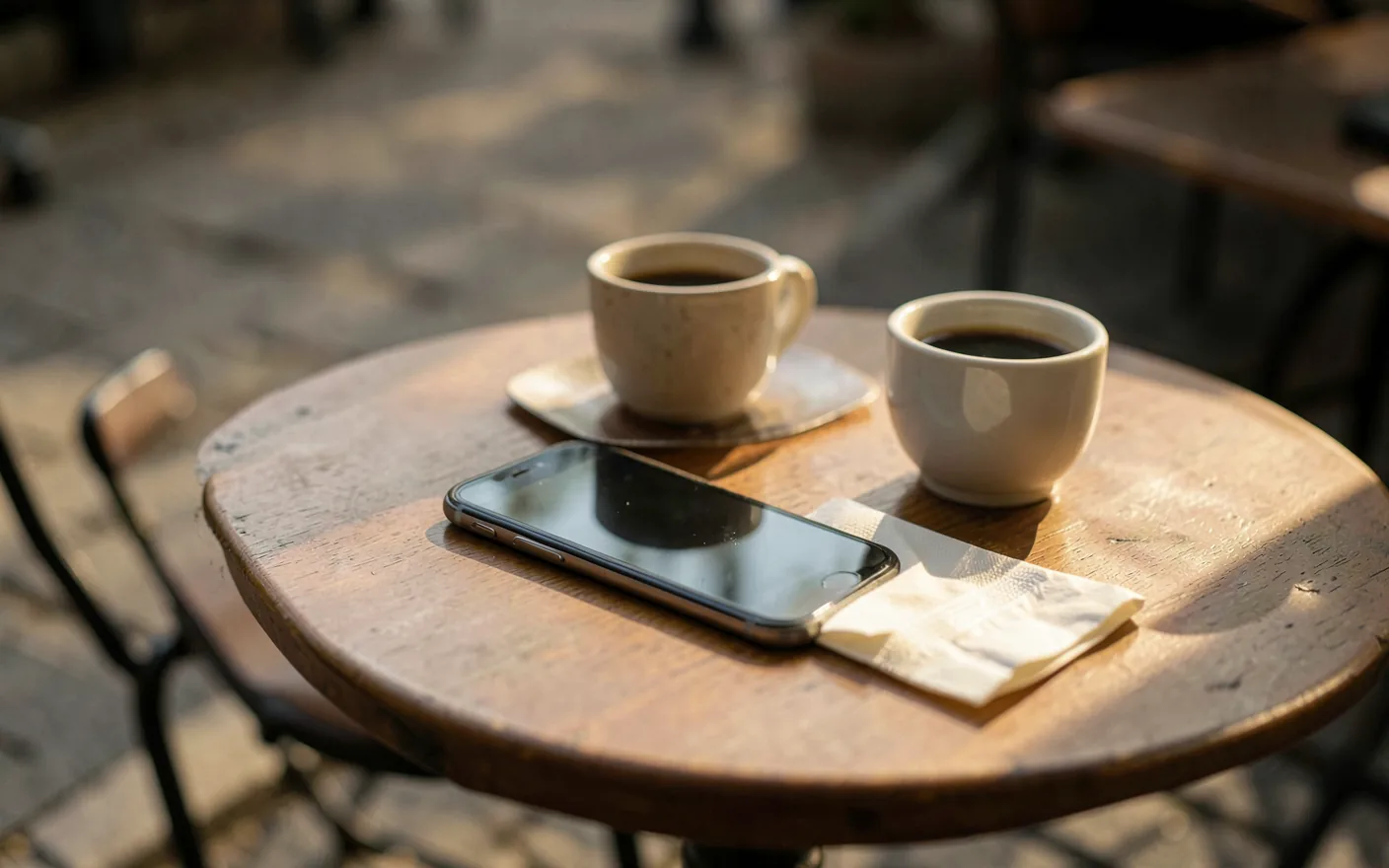 Taula de terrassa amb un telèfon mòbil al costat de dues tasses de cafè