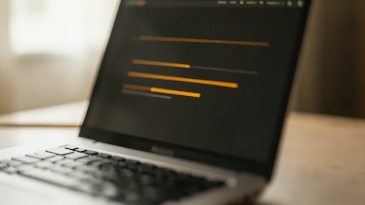 Pantalla de portátil con una lista de filas y barras de progreso sobre fondo oscuro
