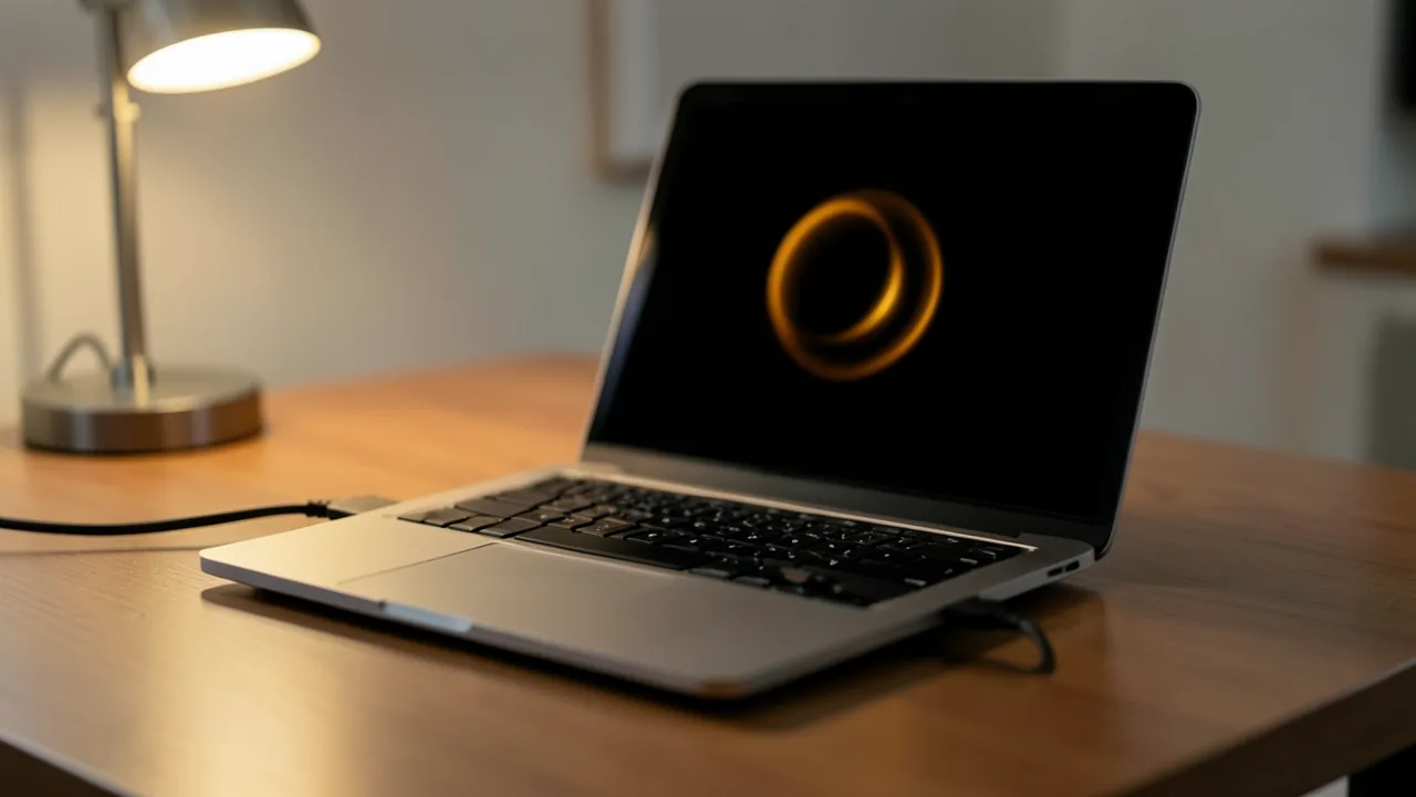 Disco duro externo conectado a un portátil sobre un escritorio ordenado con luz de lámpara