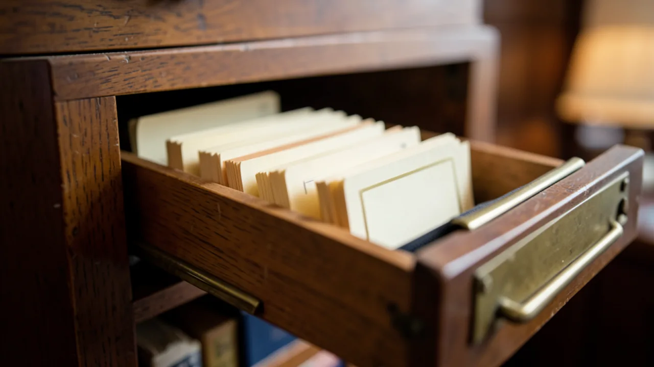 Calaix d'un fitxer de biblioteca de fusta obert, amb fitxes de color crema en fila i un tirador de llautó