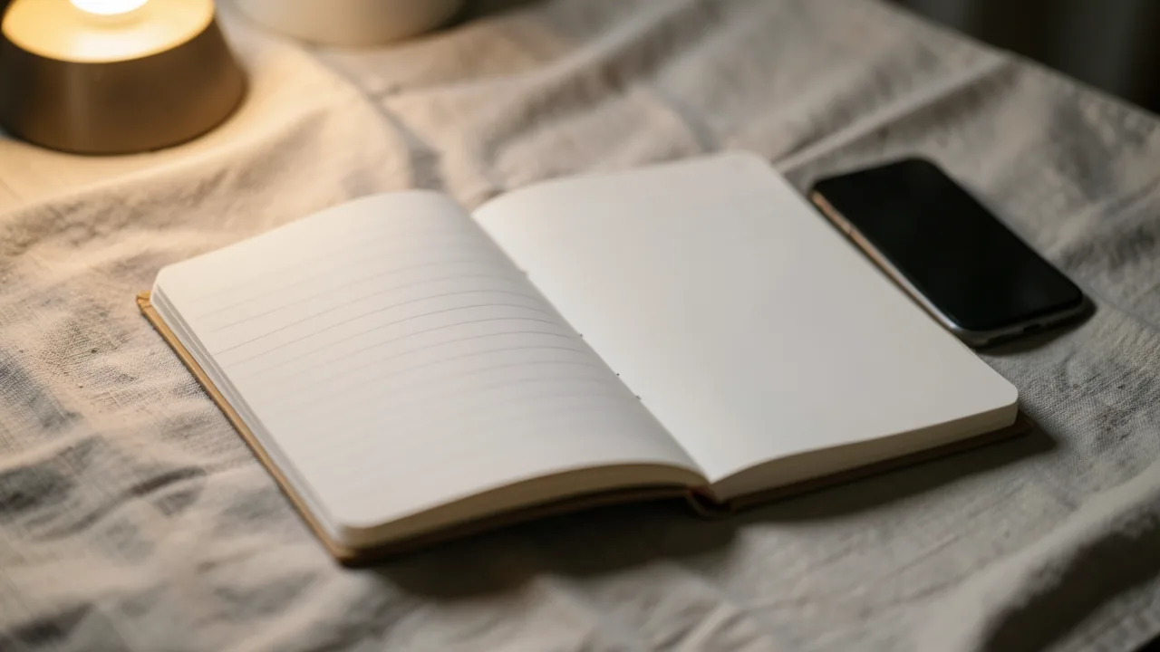 Libreta abierta en blanco con un teléfono móvil al lado sobre un mantel de lino