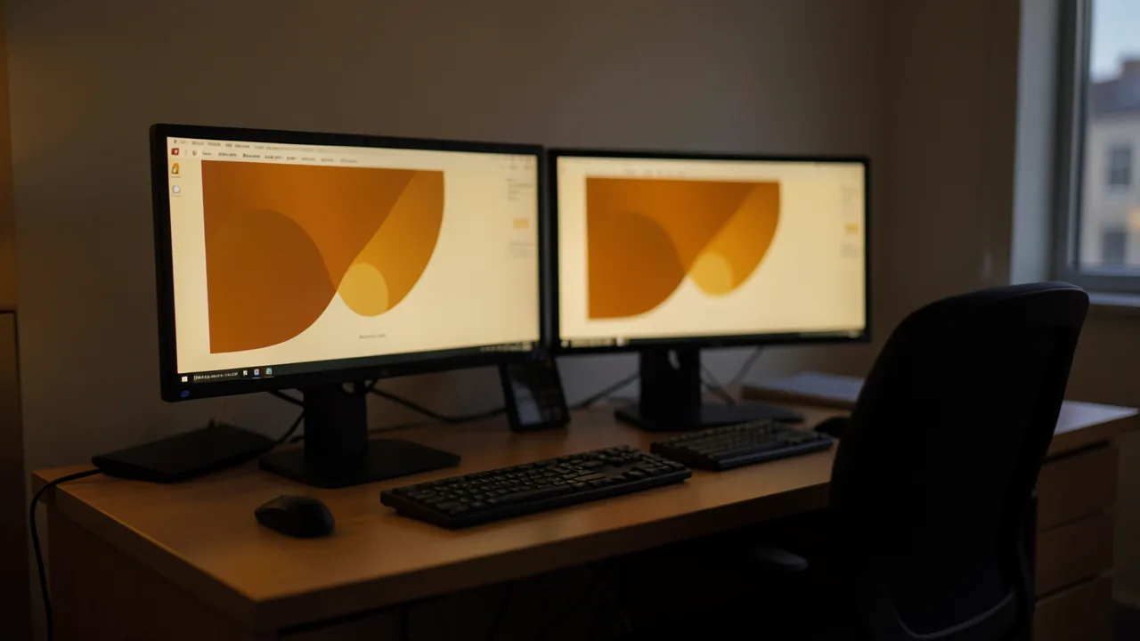 Escritorio de oficina en penumbra con dos monitores encendidos y la silla vacía