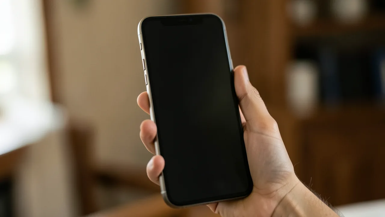 Mano sosteniendo un teléfono móvil con la pantalla apagada junto a una libreta y un bolígrafo