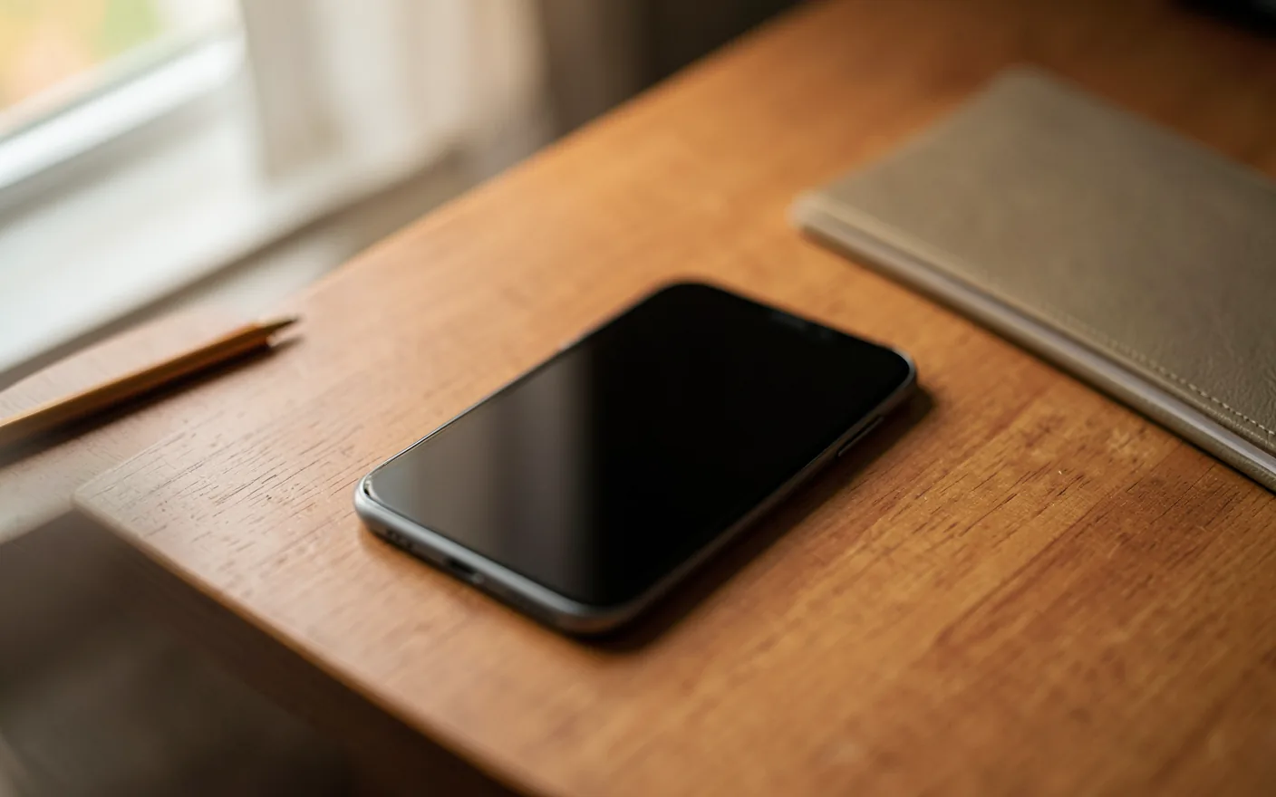 Telèfon mòbil damunt d'una taula de despatx amb la pantalla fosca i llum càlida de matí