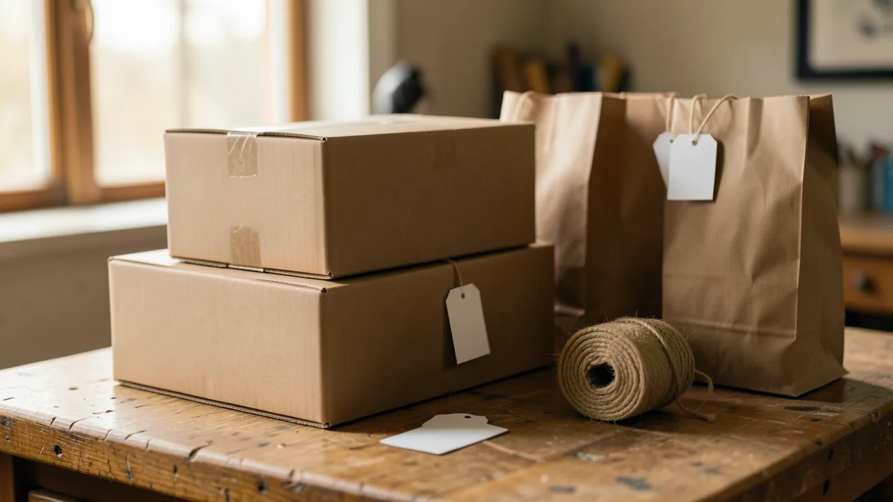 Cajas de cartón y bolsas de papel apiladas sobre una mesa de taller con etiquetas en blanco y un rollo de cordel, con luz cálida de ventana