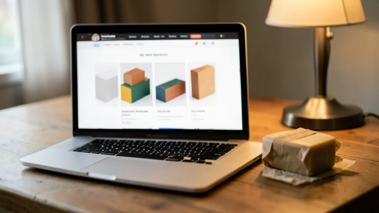 Portátil abierto sobre una mesa de madera con una ficha de producto en pantalla formada por bloques abstractos, junto a un jabón artesanal envuelto en papel